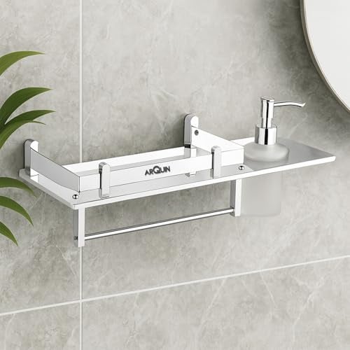 ARQUIN Bathroom Shelf 3 in1 304 Grade Stainless Steel Bathroom Accessories Set Multipurpose Bathroom Shelf/Rack/Towel Hanger/Liquid Soap Dispenser/Shampoo/Gel Dispenser Holder - Image 1
