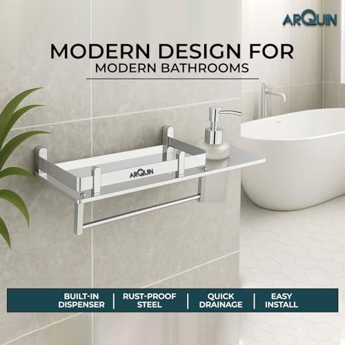 ARQUIN Bathroom Shelf 3 in1 304 Grade Stainless Steel Bathroom Accessories Set Multipurpose Bathroom Shelf/Rack/Towel Hanger/Liquid Soap Dispenser/Shampoo/Gel Dispenser Holder - Image 5