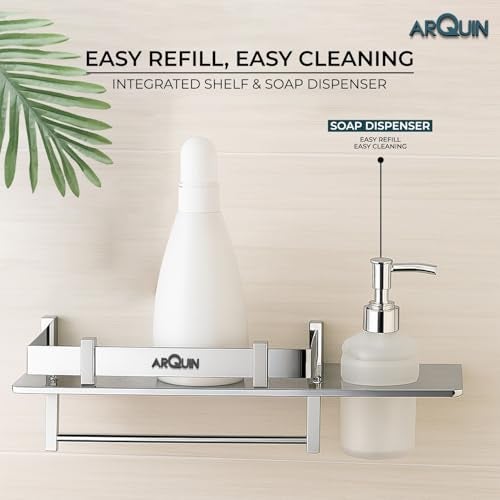 ARQUIN Bathroom Shelf 3 in1 304 Grade Stainless Steel Bathroom Accessories Set Multipurpose Bathroom Shelf/Rack/Towel Hanger/Liquid Soap Dispenser/Shampoo/Gel Dispenser Holder - Image 2