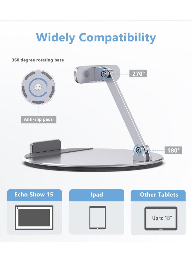 Almoz Swivel and Tilt Stand for Echo Show 15, Aluminum Stand for Show 15.6" Smart Display and Up to 18" iPad/Tablets, with 360 Degree Rotating Base, Viewing Angle Adjustable, No Need Mounting - Image 2