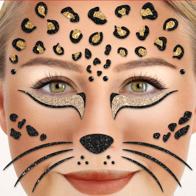 Party Factory Classic practical design Leopard Face Tattoo, Temporary Glitter Face Tattoo for Theme Party, Halloween & Carnival, Children & Adults Leakproof sealed - Image 1