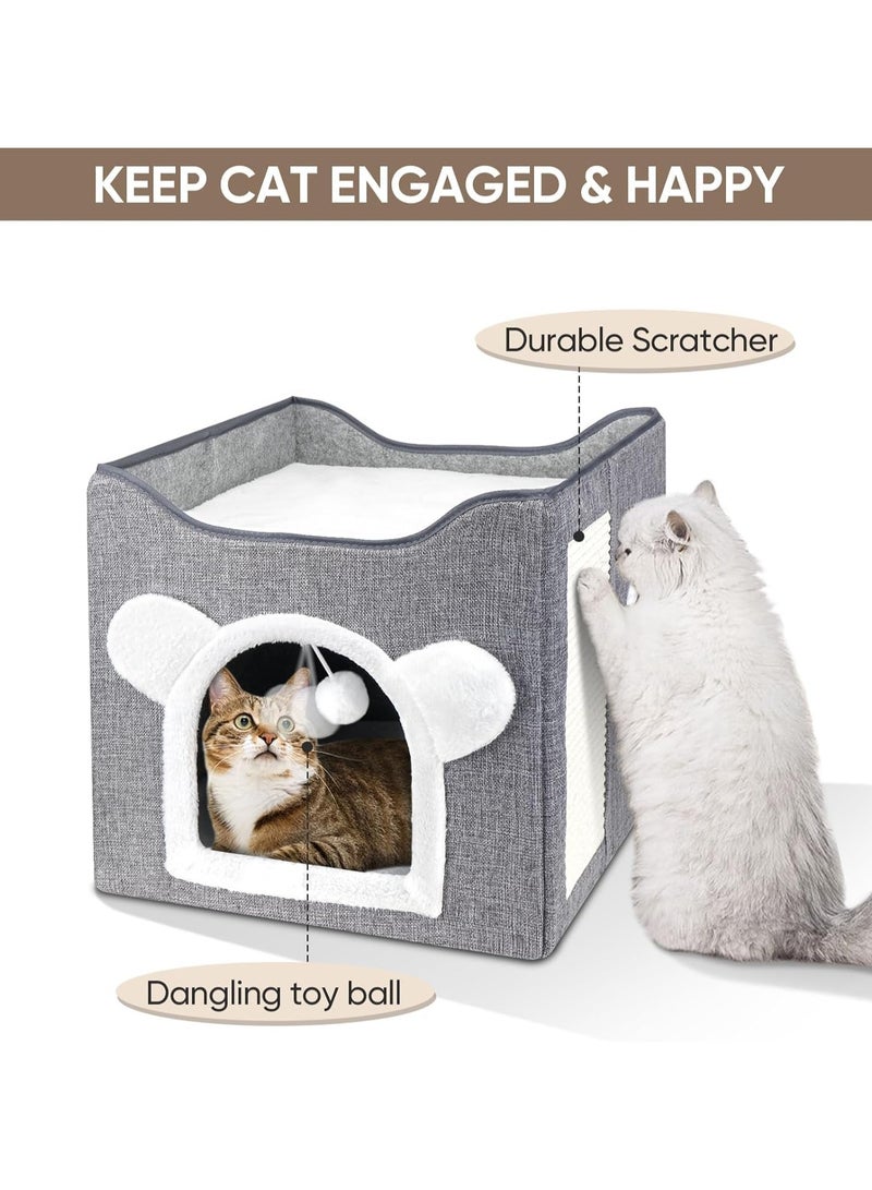 عام أسرة قطط للقطط الداخلية-كهف قط كبير لمنزل القطط الأليفة مع كرة منفوشة معلقة ولوحة خدش ، ملاذ قط قابل للطي ، 15.6 * 15.6 * 15.6 بوصة - Image 3