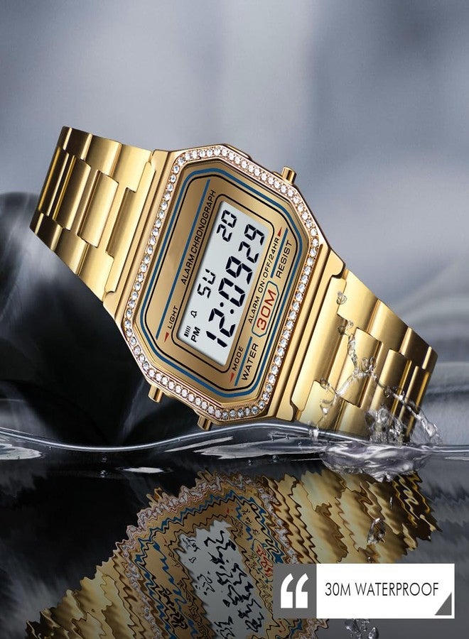PASOY Men's Digital Gold Stainless Steel Watch Backlit Multifunction Stopwatch Waterproof Sport Watches (Gold with Crystal Bezel) - Image 4