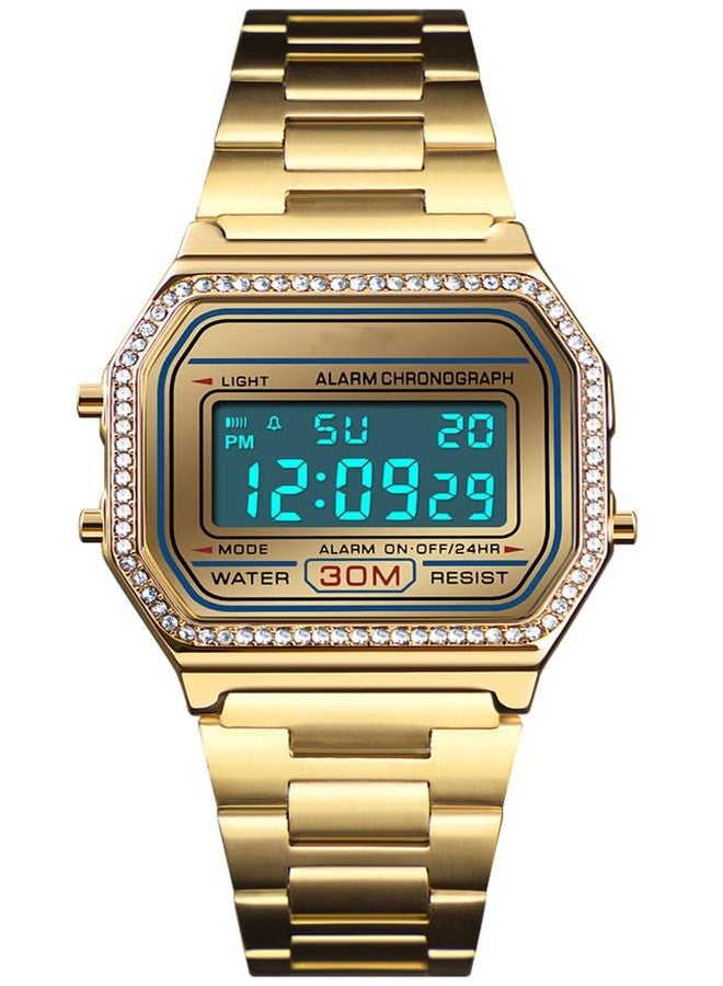 PASOY Men's Digital Gold Stainless Steel Watch Backlit Multifunction Stopwatch Waterproof Sport Watches (Gold with Crystal Bezel) - Image 2
