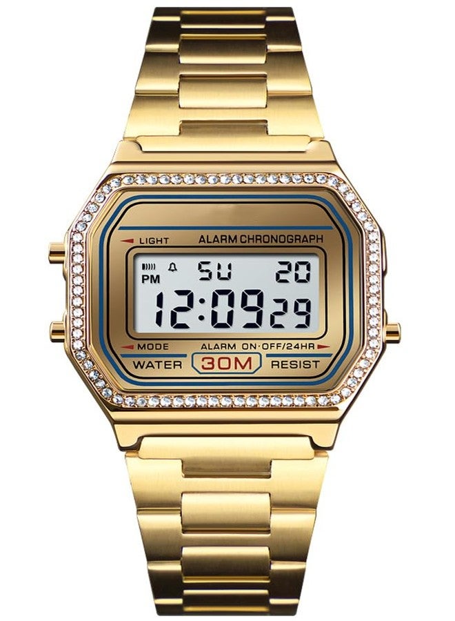 PASOY Men's Digital Gold Stainless Steel Watch Backlit Multifunction Stopwatch Waterproof Sport Watches (Gold with Crystal Bezel) - Image 1