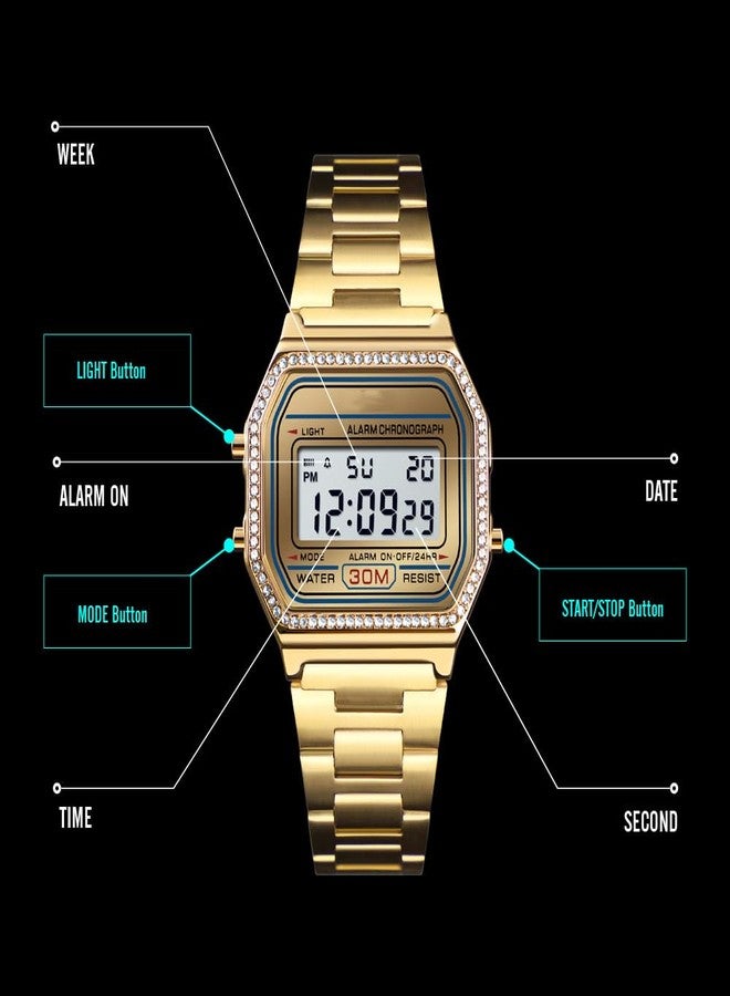 PASOY Men's Digital Gold Stainless Steel Watch Backlit Multifunction Stopwatch Waterproof Sport Watches (Gold with Crystal Bezel) - Image 5