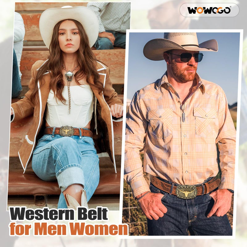 WOWOGO Women Men Western Belts Cowboy Cowgirl Country Belt Longhorn Bull Buckle Floral Embossed Belt for Jeans Dresses - Image 2