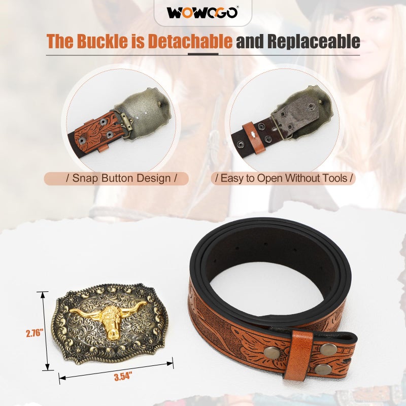 WOWOGO Women Men Western Belts Cowboy Cowgirl Country Belt Longhorn Bull Buckle Floral Embossed Belt for Jeans Dresses - Image 4