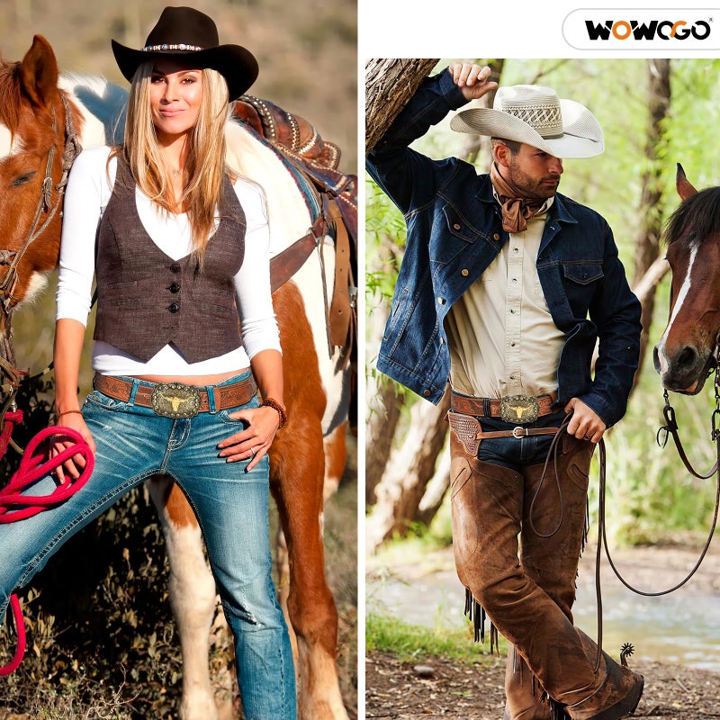 WOWOGO Women Men Western Belts Cowboy Cowgirl Country Belt Longhorn Bull Buckle Floral Embossed Belt for Jeans Dresses - Image 3
