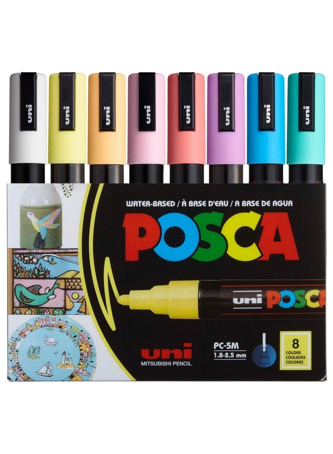 posca Markers Set, 8 Medium Paint Markers 5M - Soft Tones - White, Sunshine Yellow, Apricot, Light Pink, Coral Pink, Lavender, Light Blue, Aqua Green - Image 1