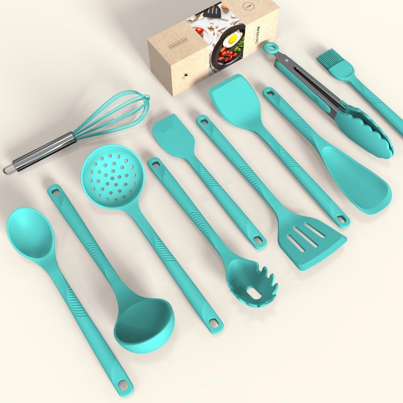 USECANO Silicone Cooking Utensils Set - 600Â°F Heat Resistant, Nonstick Kitchen Utensil Set with Spatulas, Spoons, Whisk, Tongs, BPA Free, Dishwasher Safe (Teal) - Image 2