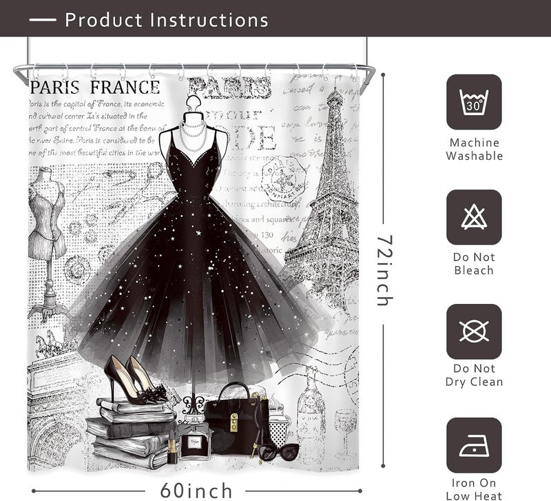 Riyidecor Fashion Girly Dresses Shower Curtain 60Wx72H Inch Black White Eiffel Tower Paris Perfume Modern Girls Women High Heels Makeup Bathroom Decor Fabric Polyester Waterproof 12 Pack Hooks - Image 5
