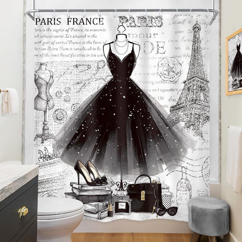 Riyidecor Fashion Girly Dresses Shower Curtain 60Wx72H Inch Black White Eiffel Tower Paris Perfume Modern Girls Women High Heels Makeup Bathroom Decor Fabric Polyester Waterproof 12 Pack Hooks - Image 4