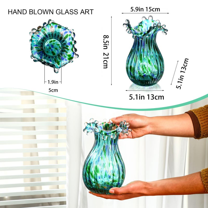 QFkris Green Glass Bubble Vase for Flowers, 8.5" Blown Glass Vase for Home Decor, Modern Art Flower Vases Decorative | Table Centerpiece, Olive Plant, Wedding, Living Room, Bookshelf, Office, Entryway - Image 2
