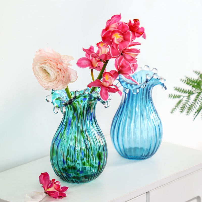 QFkris Green Glass Bubble Vase for Flowers, 8.5" Blown Glass Vase for Home Decor, Modern Art Flower Vases Decorative | Table Centerpiece, Olive Plant, Wedding, Living Room, Bookshelf, Office, Entryway - Image 4