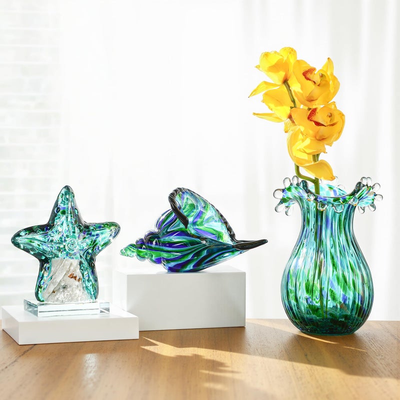 QFkris Green Glass Bubble Vase for Flowers, 8.5" Blown Glass Vase for Home Decor, Modern Art Flower Vases Decorative | Table Centerpiece, Olive Plant, Wedding, Living Room, Bookshelf, Office, Entryway - Image 3