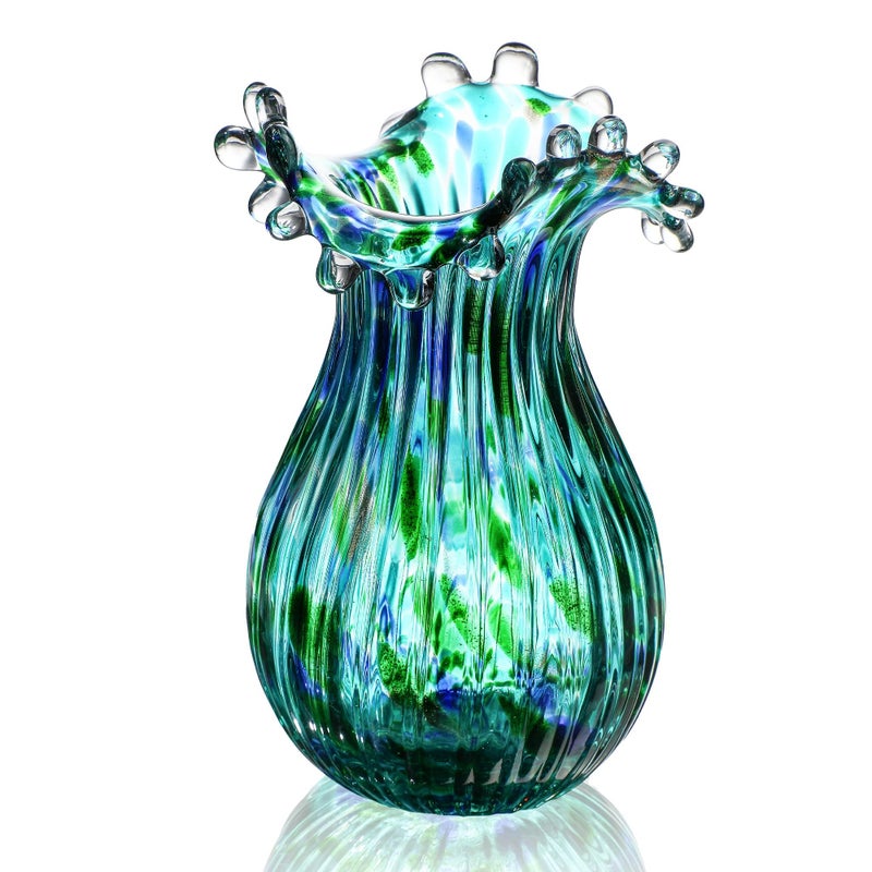 QFkris Green Glass Bubble Vase for Flowers, 8.5" Blown Glass Vase for Home Decor, Modern Art Flower Vases Decorative | Table Centerpiece, Olive Plant, Wedding, Living Room, Bookshelf, Office, Entryway - Image 1