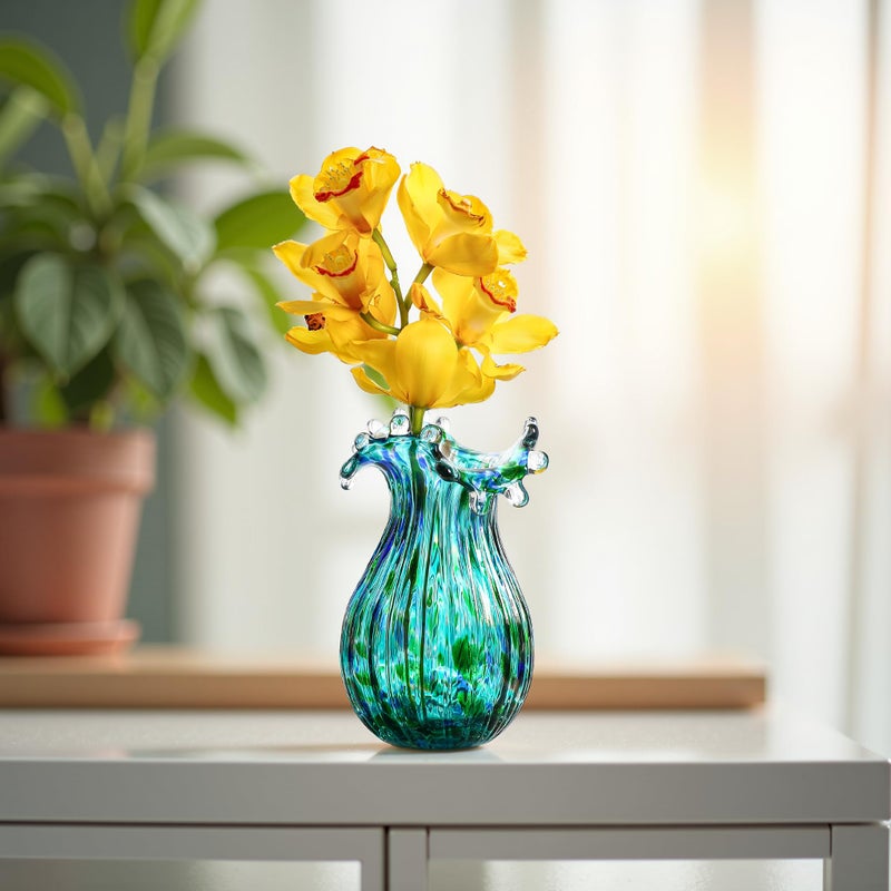QFkris Green Glass Bubble Vase for Flowers, 8.5" Blown Glass Vase for Home Decor, Modern Art Flower Vases Decorative | Table Centerpiece, Olive Plant, Wedding, Living Room, Bookshelf, Office, Entryway - Image 5