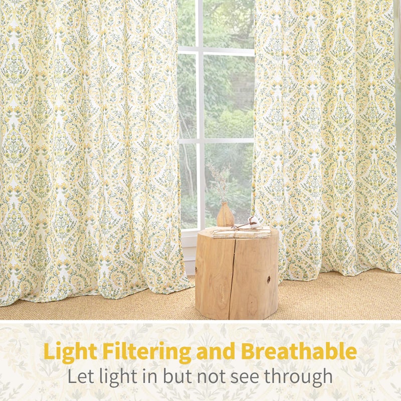 BGment Yellow Boho Curtains for Living Room - Linen Leaf Paisley Floral Pattern Light Filtering Cottage Core Grommet Window Linen Semi Sheer Drapes for Farmhouse, 2 Panels, 52 x 84 Inch - Image 4