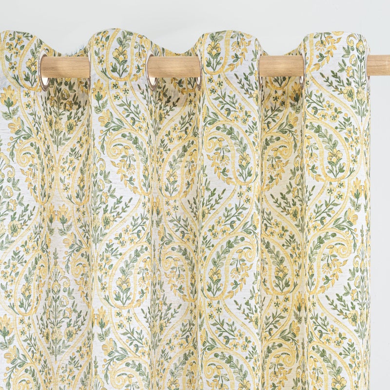 BGment Yellow Boho Curtains for Living Room - Linen Leaf Paisley Floral Pattern Light Filtering Cottage Core Grommet Window Linen Semi Sheer Drapes for Farmhouse, 2 Panels, 52 x 84 Inch - Image 1