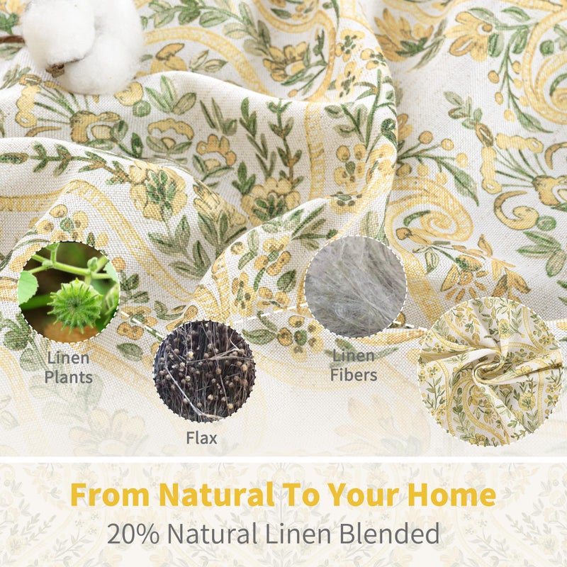 BGment Yellow Boho Curtains for Living Room - Linen Leaf Paisley Floral Pattern Light Filtering Cottage Core Grommet Window Linen Semi Sheer Drapes for Farmhouse, 2 Panels, 52 x 84 Inch - Image 2
