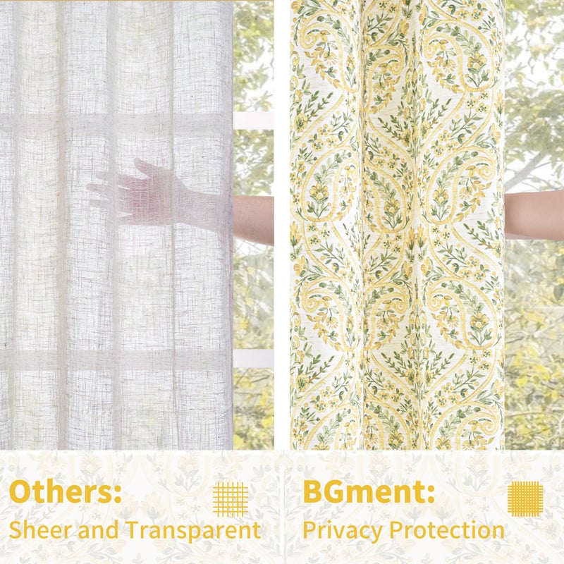 BGment Yellow Boho Curtains for Living Room - Linen Leaf Paisley Floral Pattern Light Filtering Cottage Core Grommet Window Linen Semi Sheer Drapes for Farmhouse, 2 Panels, 52 x 84 Inch - Image 5