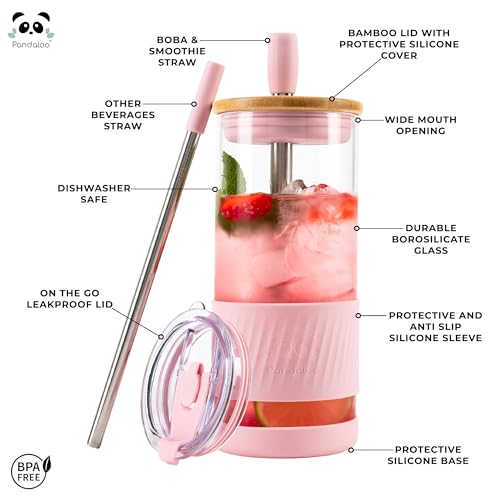 Pandaloo® Glass Cups With Lids and Straws -20 Fl Oz- Perfect Size Iced Coffee Cup - Smoothie Cup With Bamboo Lid and On the go Lid - Glass Tumbler With Straw (1 Count (Pack of 1), Tender Pink) - Image 2