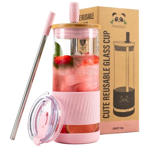 Pandaloo® Glass Cups With Lids and Straws -20 Fl Oz- Perfect Size Iced Coffee Cup - Smoothie Cup With Bamboo Lid and On the go Lid - Glass Tumbler With Straw (1 Count (Pack of 1), Tender Pink) - Image 1