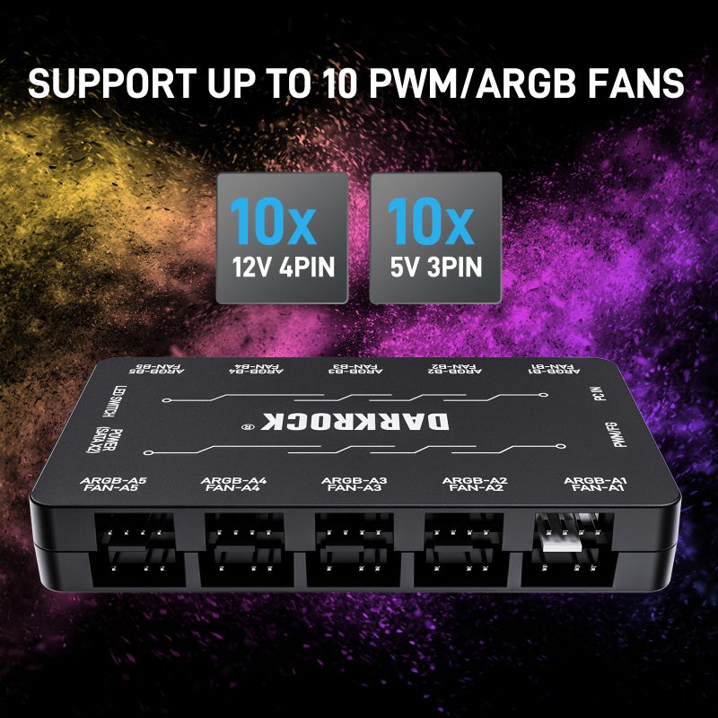 DARKROCK 20-Port PC Case Fan Hub with Remote Control, Dual SATA Port Powered 10-Port 3-Pin ARGB Light and 10-Port 4-Pin PWM Fan Speed Controller - Black - Image 2