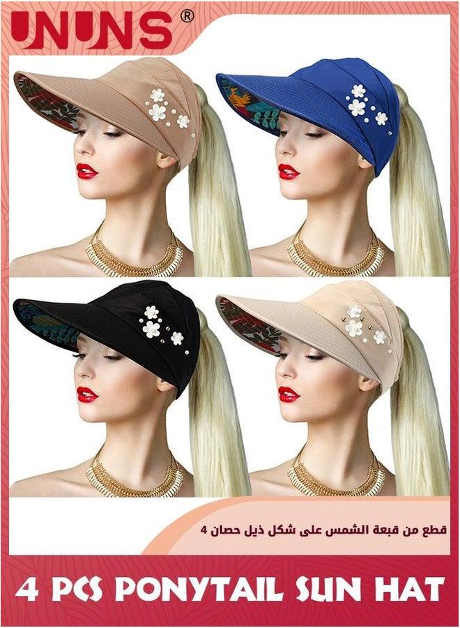 يو إن يو إن أس Women's Sun Hats,4 Pack Wide Brim Summer Beach Hat,Foldable Visor Floppy Adjustable Ponytail Hats,UV Protection Hat,Fashion Hat For Girls Hiking Camping Fishing Safari,4 Colors - Image 1