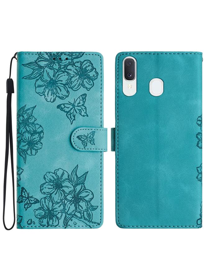 اس-توب جراب لهاتف Samsung Galaxy A20 / A30، جراب هاتف من الجلد المنقوش بنقشة زهور الكرز والفراشة من مادة البولي يوريثان - Image 1