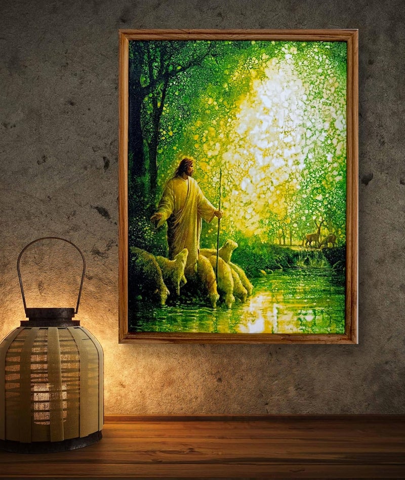 Elegance Good Shepherd Jesus Christ Painting Picture Photo Teakwood Frame Christian Art for Living Room Office Christmas Gifts Painting size 1275 width x 1675 height inch - Image 1