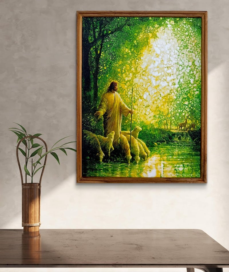 Elegance Good Shepherd Jesus Christ Painting Picture Photo Teakwood Frame Christian Art for Living Room Office Christmas Gifts Painting size 1275 width x 1675 height inch - Image 5
