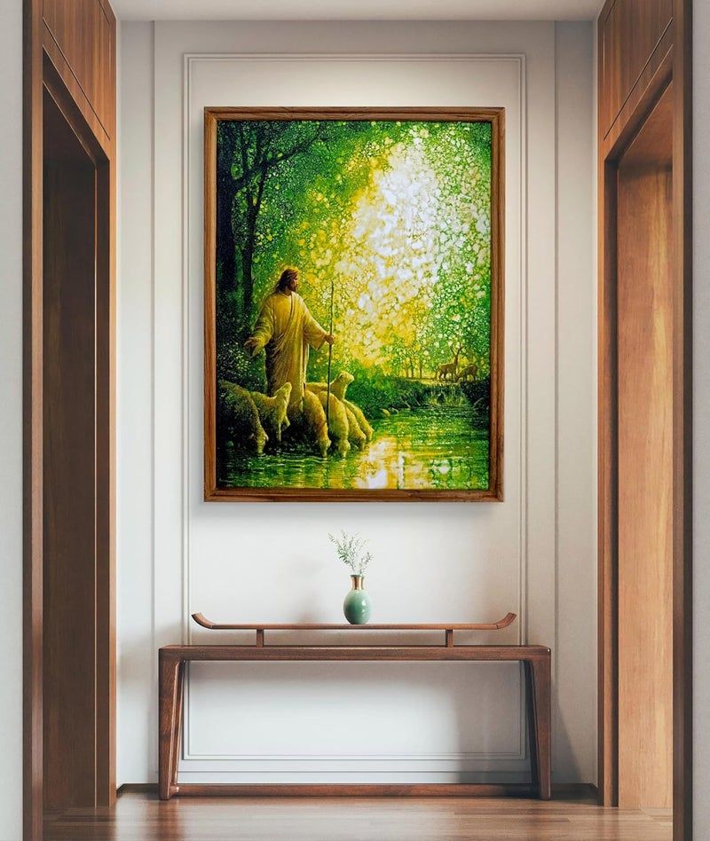 Elegance Good Shepherd Jesus Christ Painting Picture Photo Teakwood Frame Christian Art for Living Room Office Christmas Gifts Painting size 1275 width x 1675 height inch - Image 4
