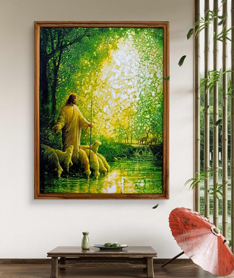 Elegance Good Shepherd Jesus Christ Painting Picture Photo Teakwood Frame Christian Art for Living Room Office Christmas Gifts Painting size 1275 width x 1675 height inch - Image 3