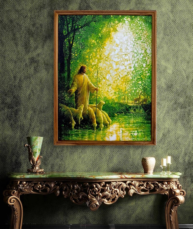Elegance Good Shepherd Jesus Christ Painting Picture Photo Teakwood Frame Christian Art for Living Room Office Christmas Gifts Painting size 1275 width x 1675 height inch - Image 2
