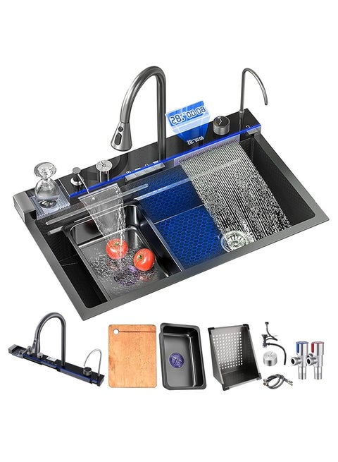 This smart stainless steel kitchen sink features a sleek black design and a smart workstation, equipped with a digital LED display for enhanced convenience.