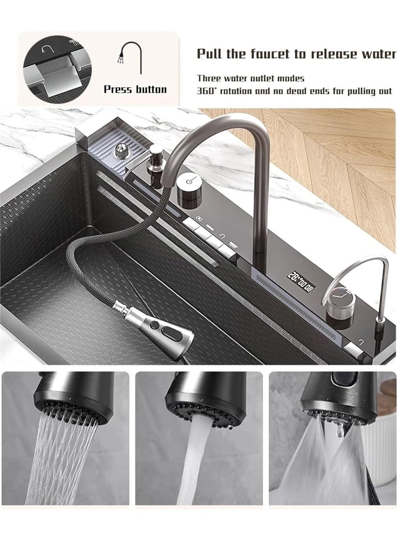 SINDIBAD This smart stainless steel kitchen sink features a sleek black design and a smart workstation, equipped with a digital LED display for enhanced convenience. - Image 4