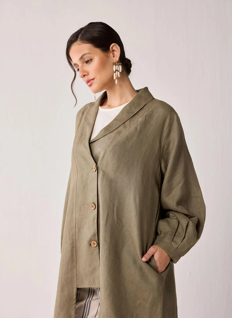 نور Oversized Mid-Length Hemp Overlay With Shawl Collar In Dark Green