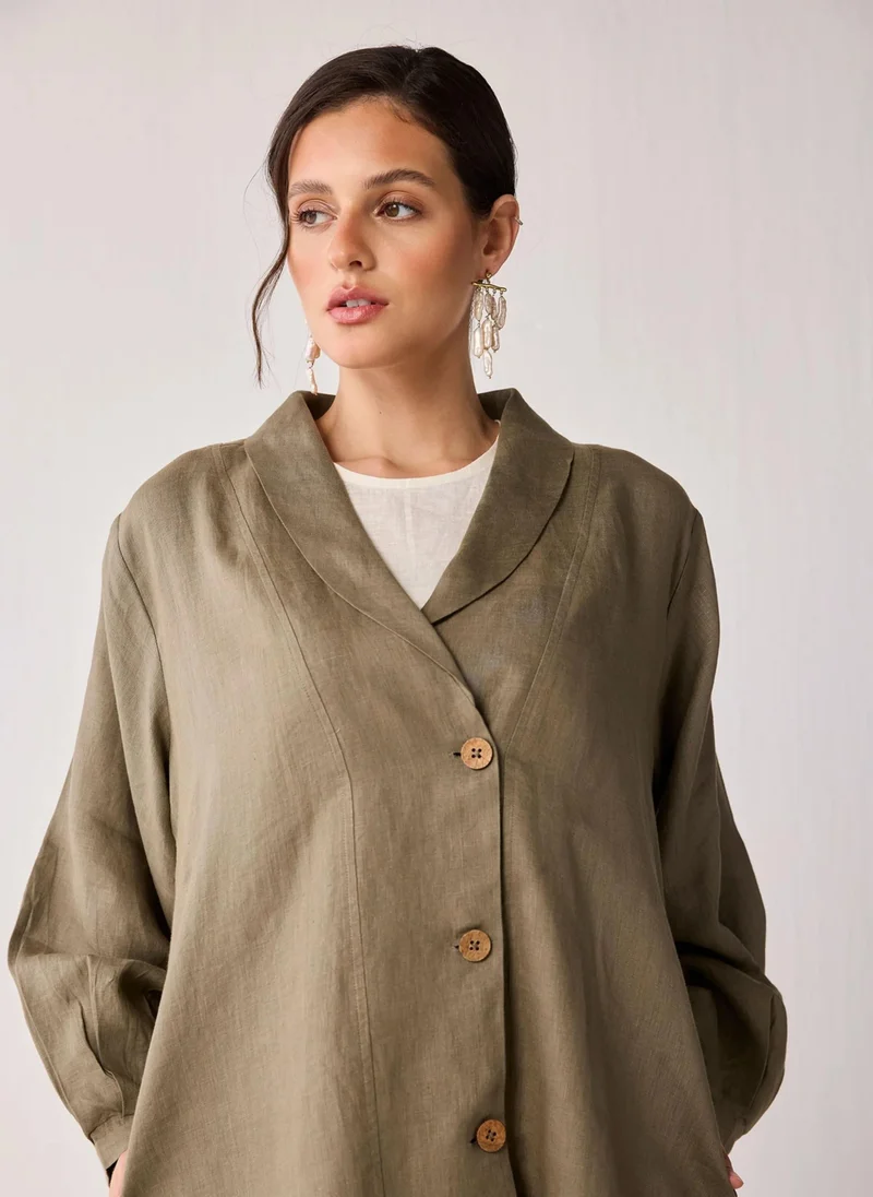 Noor  Oversized Mid-Length Hemp Overlay With Shawl Collar In Dark Green for Women | Best Price UAE