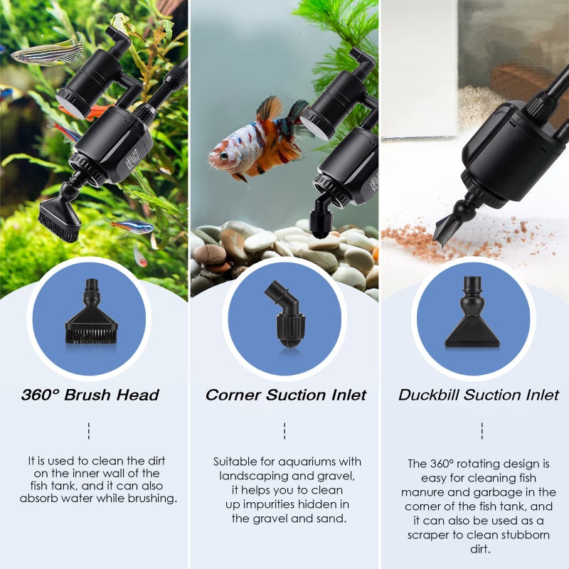 AQQA Electric Aquarium Gravel Cleaner, 6 in 1 Automatic Fish Tank Cleaning Tools Gravel Vacuum for Aquarium, Suitable for Change Water Wash Sand Water Filter and Water Circulation (320GPH, 20W) - Image 3