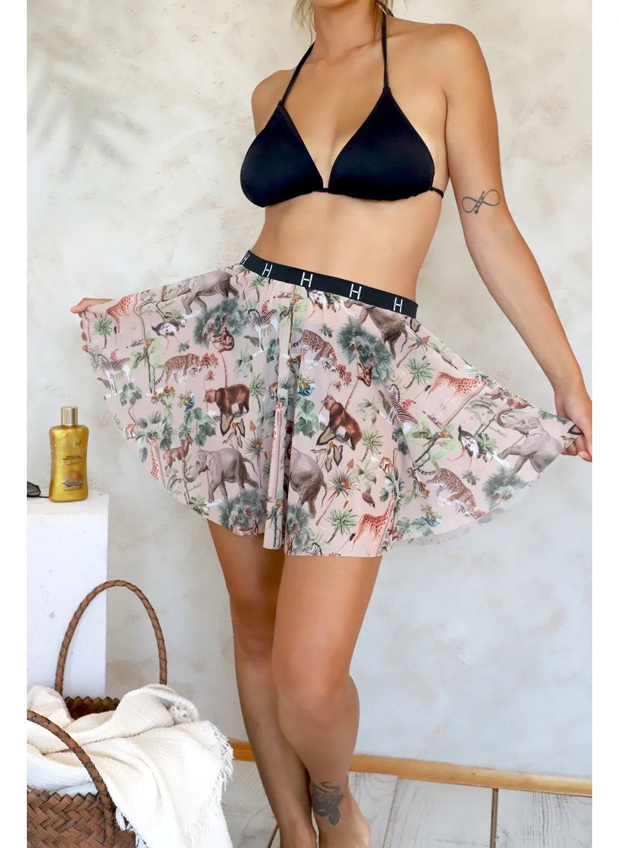 Hamur Dough Pareo Skirt Summer Beach Swim Skirt H Elastic Waist Chiffon Tulle Fabric Woods Beige Std