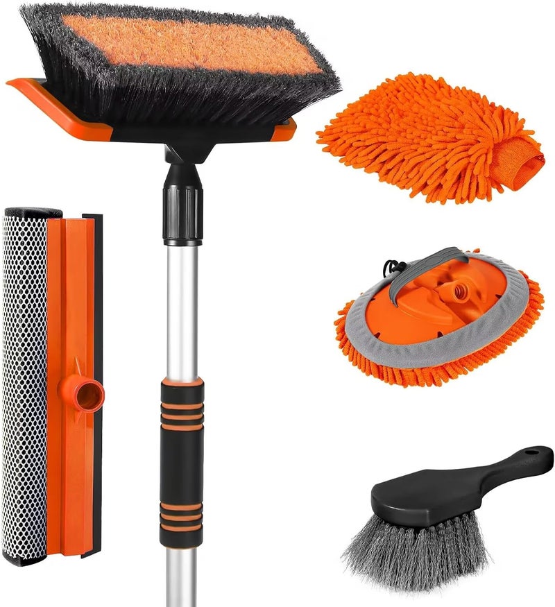 Wontolf 62'' Car Wash Brush with Long Handle, Scratch-Free Soft Bristles Sturdy Car Wash Mop, Complete Cleaning Brush Kit Wash Mitt Towel Windshield Squeegee Wheel Tire Brush for Car Truck RV Orange Global flexible assemble picks - Image 1