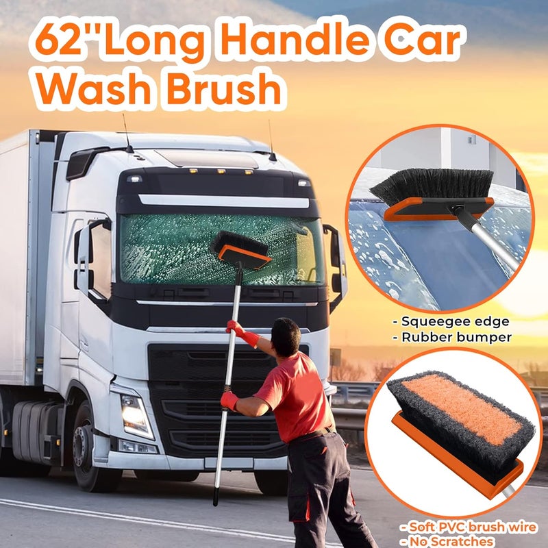 Wontolf 62'' Car Wash Brush with Long Handle, Scratch-Free Soft Bristles Sturdy Car Wash Mop, Complete Cleaning Brush Kit Wash Mitt Towel Windshield Squeegee Wheel Tire Brush for Car Truck RV Orange Global flexible assemble picks - Image 3