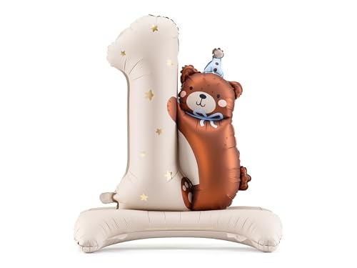 PartyDeco بالون عيد الميلاد الأول مع دب تيدي من PartyDeco 32x28 بوصة بالون فويل رقم واحد لاحتياجات عيد ميلاد الطفل الأول 1 سنة ديكور حفلة رقم 1 بألوان باستيل - Image 1