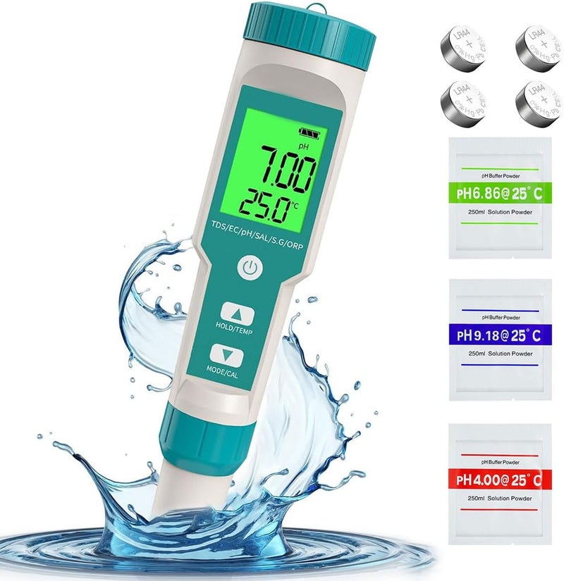 مقياس جودة المياه 7 في 1 قلم اختبار PH الرقمي مع وظائف TDS/EC/الملح/الثقل النوعي/ORP/درجة الحرارة دقة 0.01 شاشة LCD ATC 3 مساحيق منظمة PH جهاز اختبار المياه لمياه الشرب وحمام السباحة وحوض السمك والزراعة المائية - Image 1