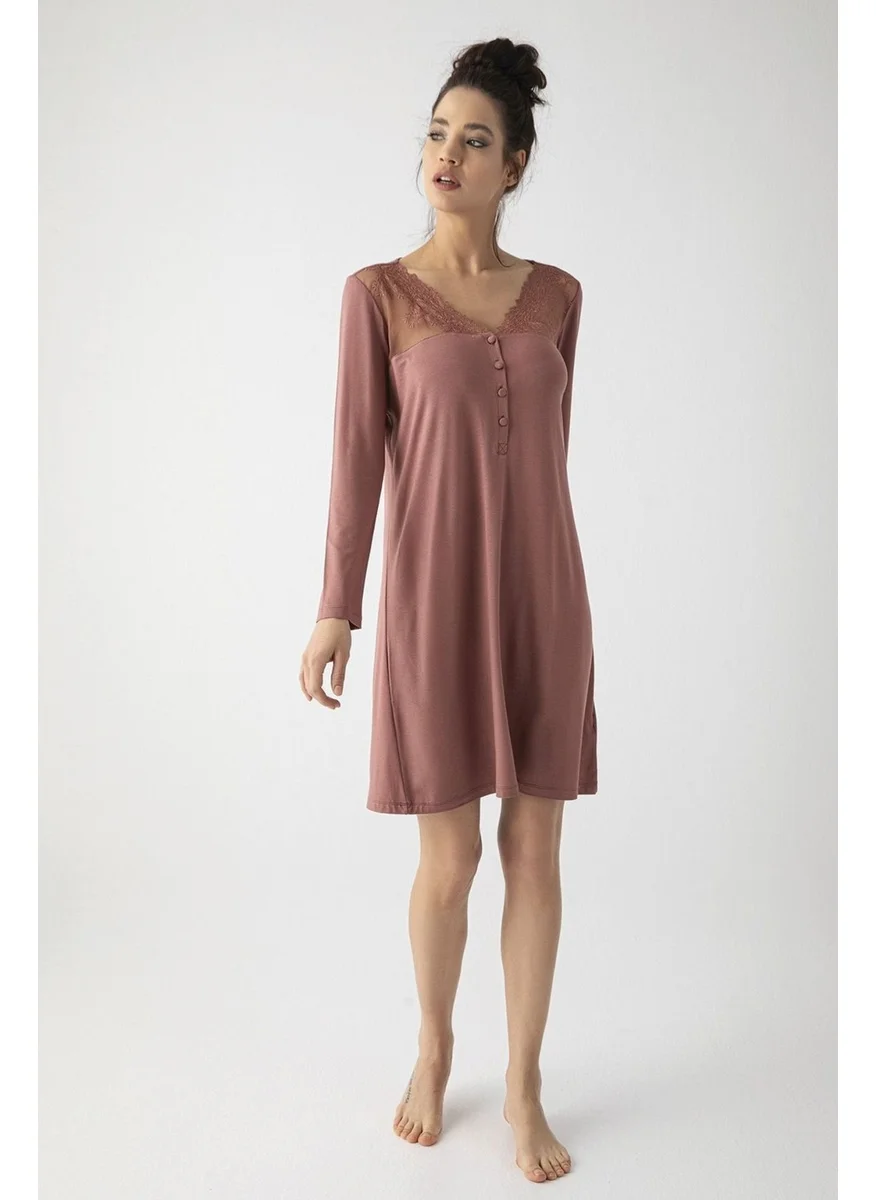 Monamise 19315 Women's Coffee Collar Buttoned Lace Long Sleeve Nightgown