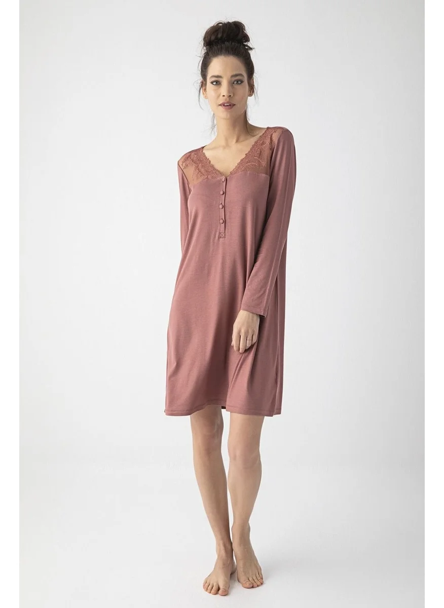 Monamise 19315 Women's Coffee Collar Buttoned Lace Long Sleeve Nightgown