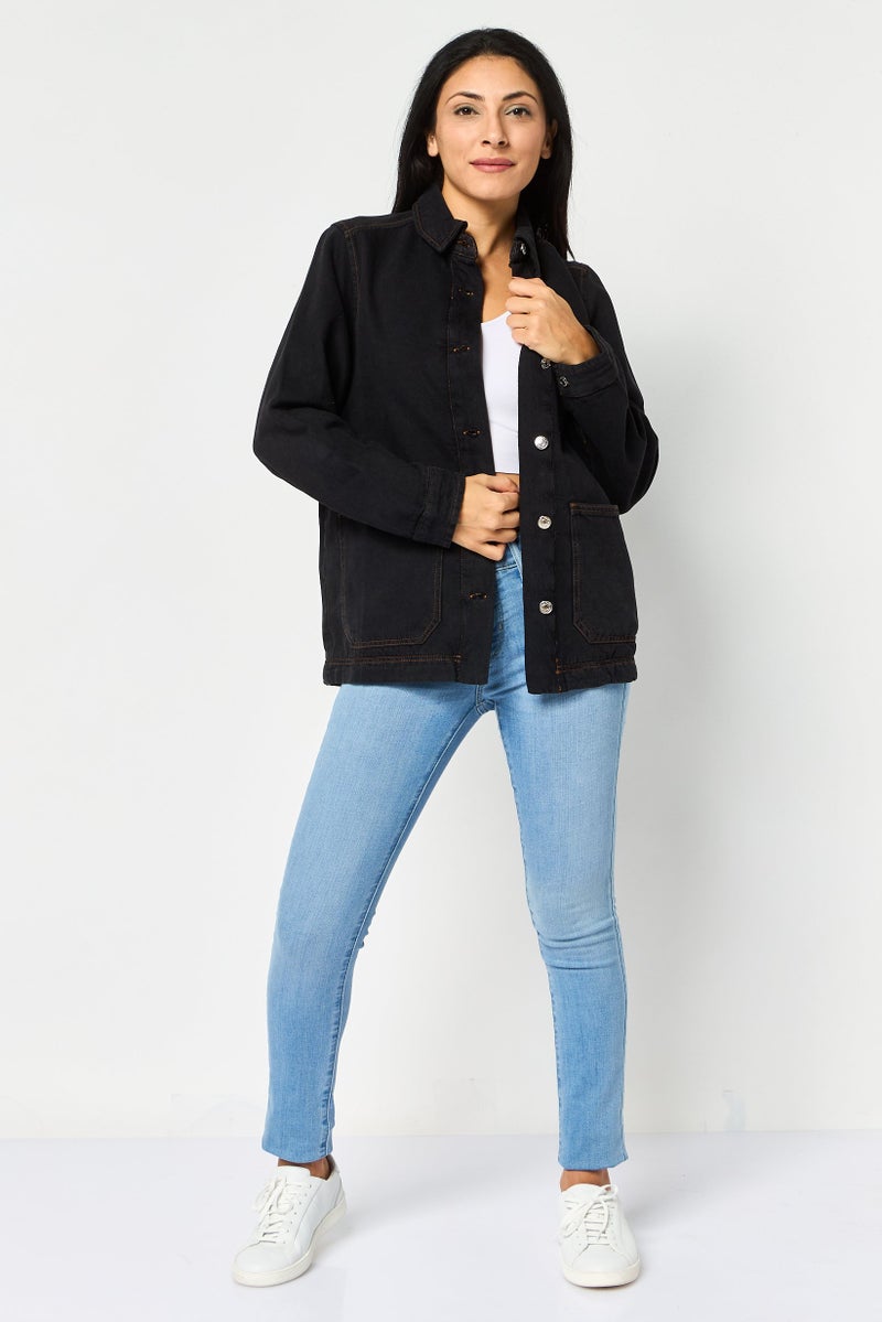 Pull & Bear Women Solid Denim Jacket, Black - Image 2
