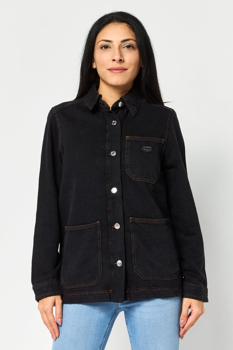 Pull & Bear Women Solid Denim Jacket, Black - Image 1